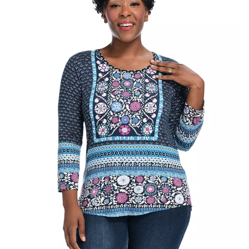 Women’s One World Blue Mixed Print Knit 3/4 Sleeve
Scoop Neck Top